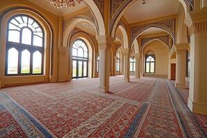 Grand mosque interior with arched windows, ornate pillars, and patterned carpets. photo