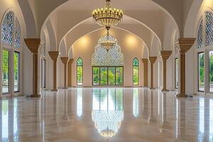 Grand hall with arched windows, marble floor, and ornate chandelier. photo