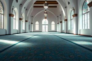 Empty mosque interior with arched windows, sunlight streaming through, and teal carpet. photo