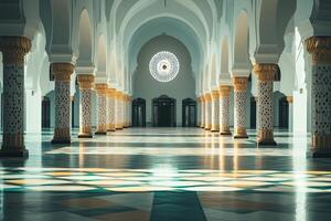 Grand mosque interior with columns, arches, and ornate floor. photo