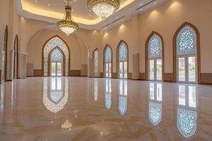 Grand hall with arched windows and chandeliers. photo