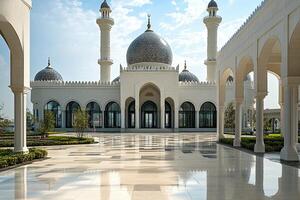 Grand mosque courtyard, white stone, blue dome, arched entryway, sunny day. photo