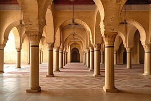 Grand mosque interior with columns, arches, and patterned floor. photo