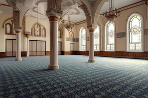 Grand mosque interior with ornate columns, stained glass windows, and patterned carpet. photo