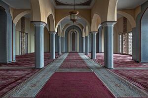 Interior of an abandoned mosque with arched columns, carpets, and a hanging lamp. photo