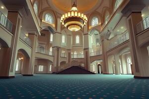Grand mosque interior, spacious hall with chandelier and staircase. photo