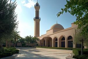 Elegant mosque with minaret, courtyard, and landscaping under a sunny sky. photo