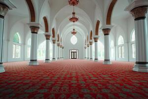 Grand mosque interior with red carpet, arched ceilings, and columns. photo