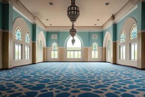 Empty mosque interior with arched windows, intricate carpet, and chandelier. photo