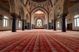 Grand mosque interior with red carpet, arches, and columns. photo