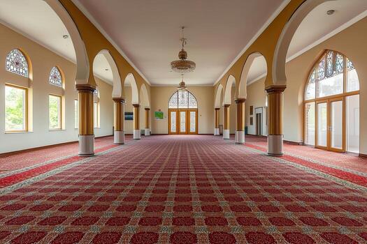 Empty mosque interior with arched hallways, stained glass windows, and patterned carpet. photo