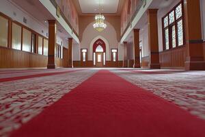 Interior view of a spacious prayer hall with red carpet, wooden pillars, and stained-glass windows. photo