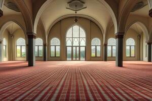 Empty mosque interior with arched windows and red carpet. photo