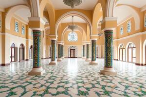 Grand hall with ornate columns, arched ceilings, and patterned floor. photo