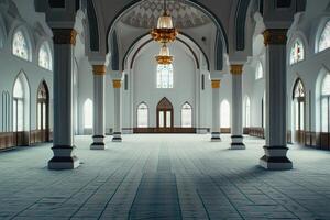 Grand mosque interior, sunlight through stained glass windows, empty prayer hall. photo