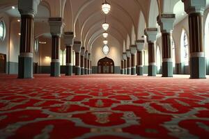 Grand mosque interior with red carpet, arches, and pillars. photo