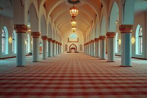 Grand mosque interior, long columns, arched ceilings, red carpet. photo