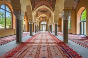 Interior of a mosque with arched ceilings, pillars, and carpets. photo