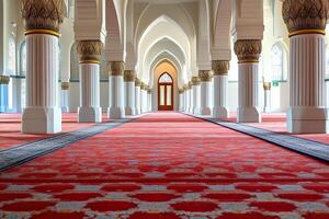Interior of a mosque with rows of columns and red carpet. photo