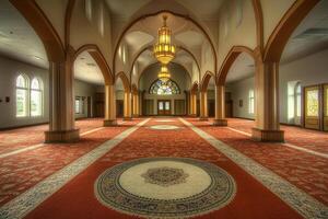 Empty mosque interior with arched ceilings, stained glass, and ornate carpet. photo