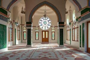 Interior of a mosque with stained-glass window, arched entryway, and patterned carpet. photo