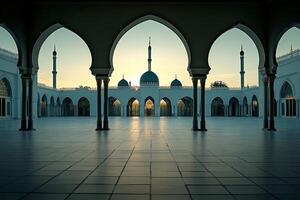 Majestic mosque courtyard at sunrise. photo