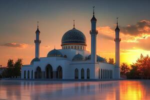 Majestic white mosque at sunset, reflecting in still water. photo
