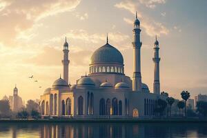 Majestic mosque at sunset reflected in calm water. photo