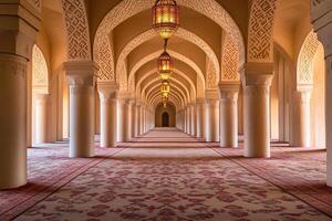 Long corridor with arched ceilings, columns, and patterned carpet. photo