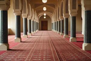 Long hallway with columns and red carpet. photo