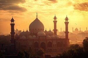 Majestic mosque at sunset, golden hour light illuminating architectural details and city skyline. photo