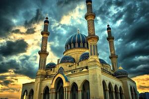 Majestic mosque under dramatic sky. photo