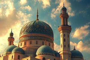 Majestic mosque domes and minaret under a vibrant sky. photo