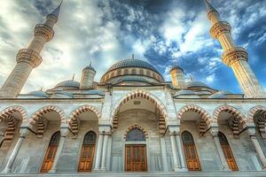 Majestic mosque under a dramatic sky, showcasing intricate architecture and details. photo
