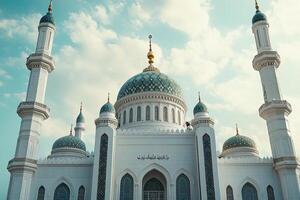 Majestic white mosque under a bright sky. photo