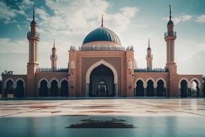 Majestic mosque with symmetrical architecture under a partly cloudy sky. photo