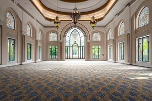 Luxurious empty hall with arched windows, patterned carpet, and ornate chandeliers. photo