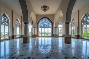 Luxurious hall with arched windows, marble floor, and ornate details. photo
