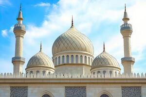 Majestic mosque with three domes and minarets under a bright sky. photo