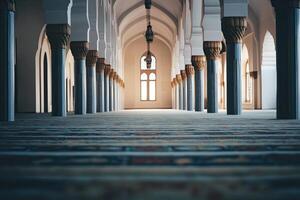 Serene mosque interior with sunlight streaming through a window, illuminating the prayer hall. photo