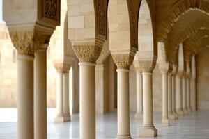 Ornate columns and arches in a sunlit courtyard. photo