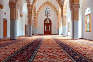 Mosque interior, prayer hall with carpet, arches, stained glass windows, and sunlight. photo