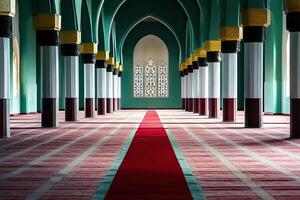 Mosque interior with red carpet, teal walls, and columns. photo