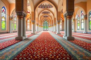 Mosque interior with stained glass windows, ornate columns, and richly patterned carpets. photo