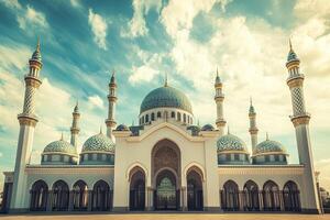 Majestic white mosque with blue domes under a vibrant sky. photo