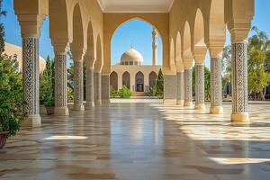 Mosque courtyard with arched colonnade and reflecting floor. photo