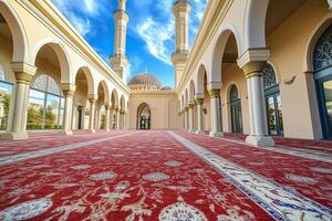 Mosque courtyard with red carpet, arches, and minarets under a blue sky. photo