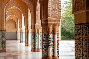 Ornate arched colonnade with colorful tile columns and floor. photo