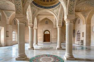 Ornate interior of a mosque with columns, arches, and mosaic floor. photo