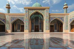 Ornate mosque courtyard with intricate tilework and minarets under a sunny sky. photo